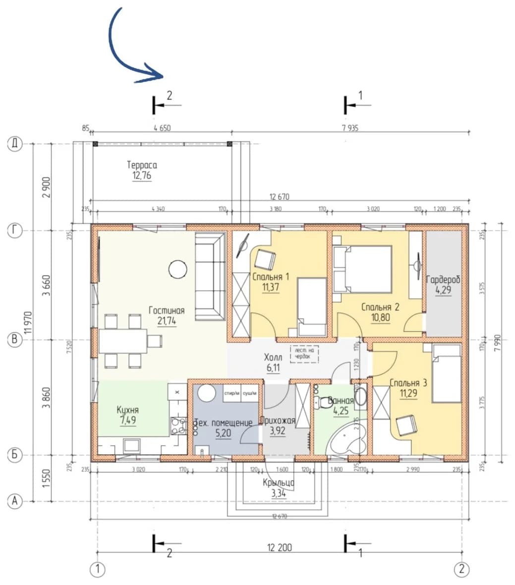 Планировка каркасного дома 102,56 м² с размерами помещений