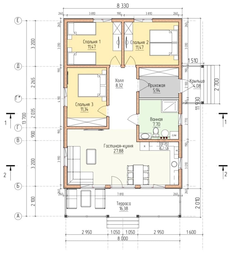 Планировка каркасного дома 104,58 м² с размерами помещений