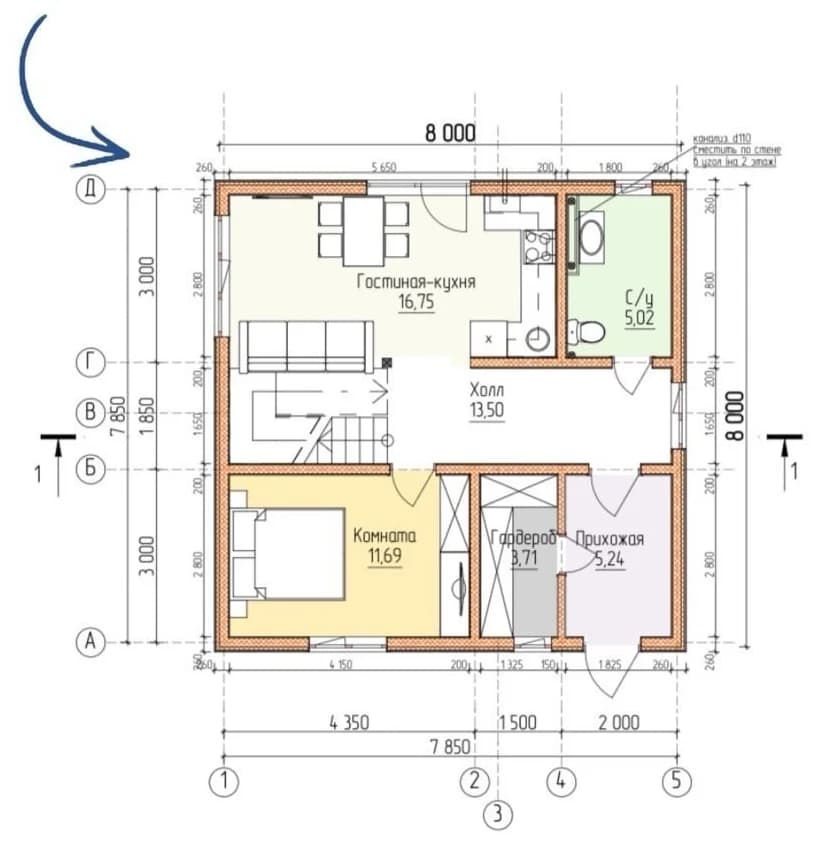 Планировка каркасного дома 107 м² с размерами помещений