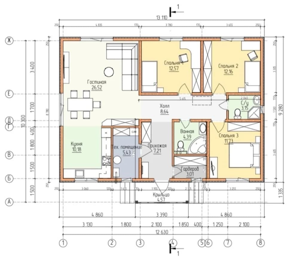 Планировка каркасного дома 109,56 м² с размерами помещений