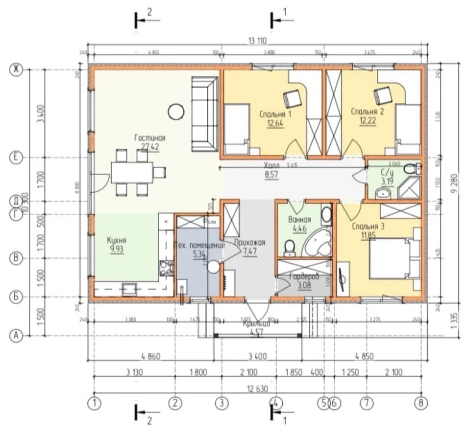 Планировка каркасного дома 110,74 м² с размерами помещений