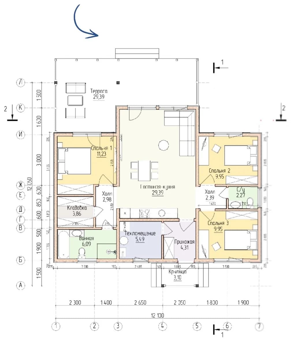 Планировка каркасного дома 120 м² с размерами помещений