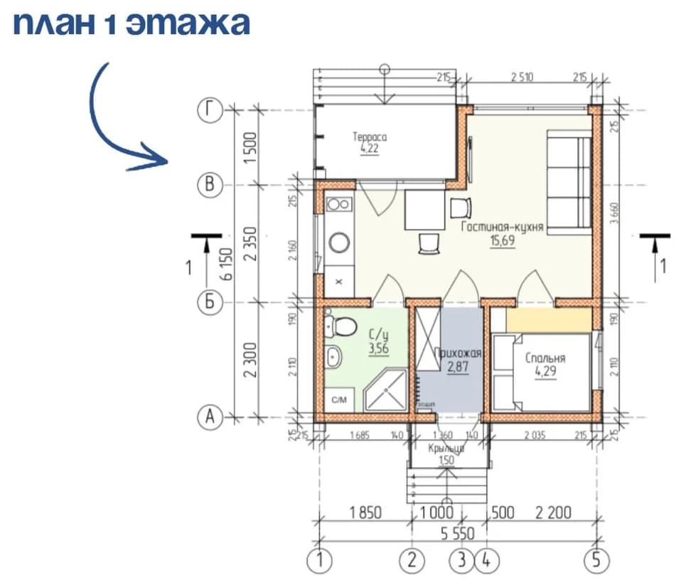 Планировка каркасного дома 32,13 м² с размерами помещений