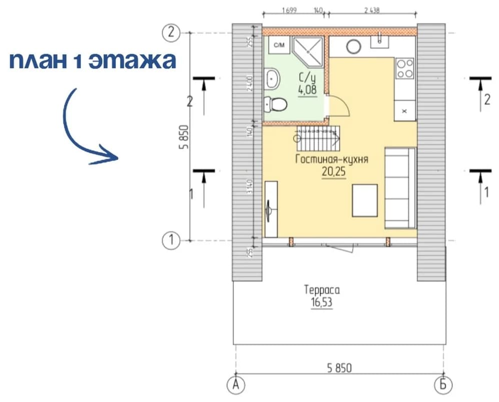 Планировка каркасного дома 40,86 м² с размерами помещений