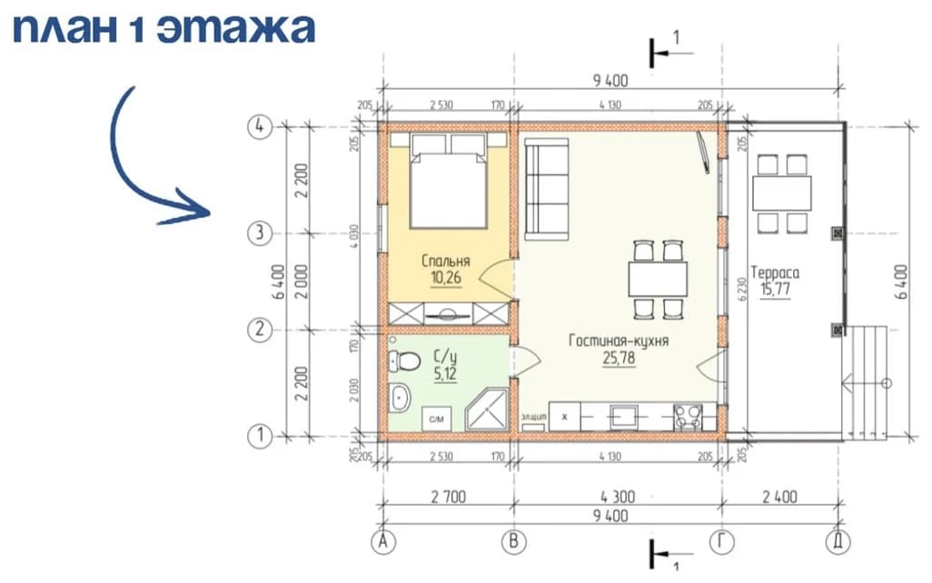 Планировка каркасного дома 56,93 м² с размерами помещений