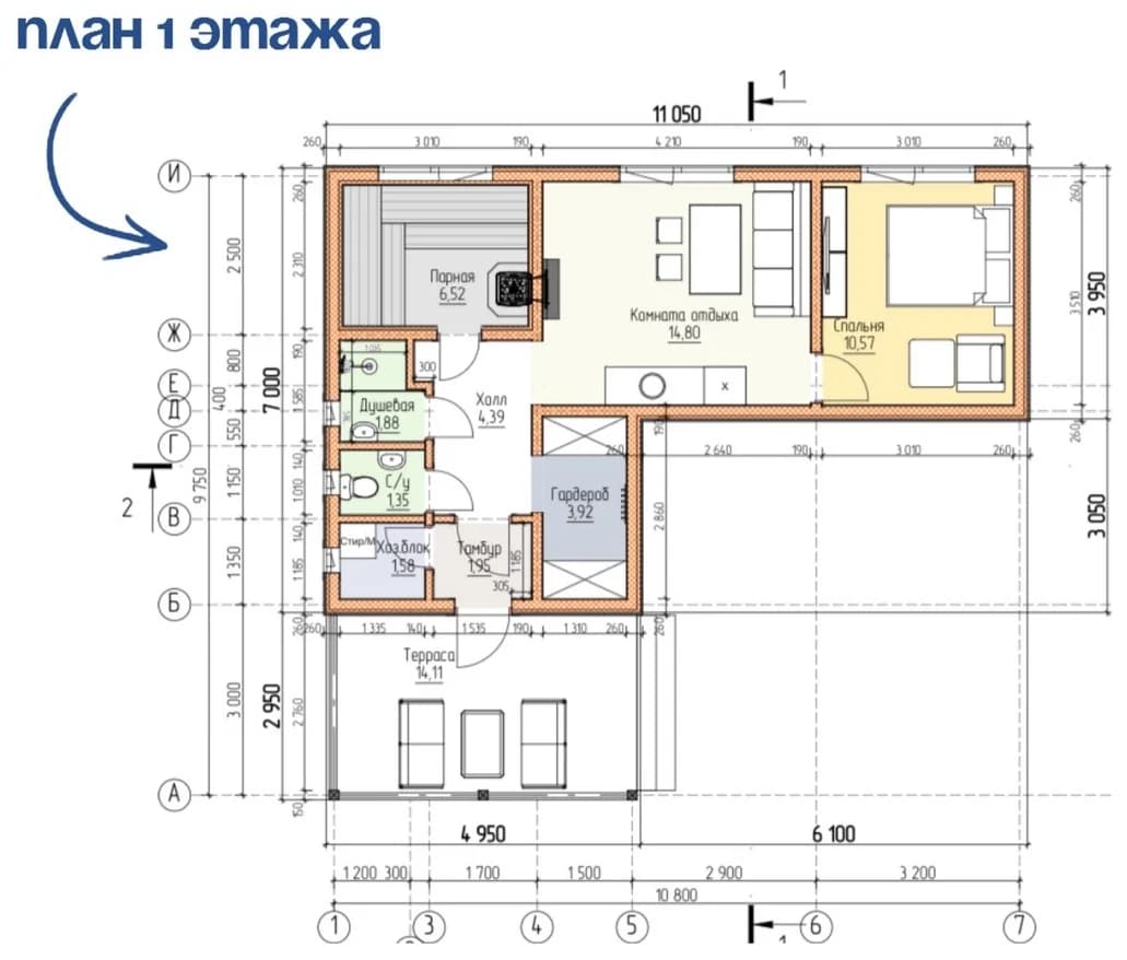 Планировка каркасного дома 61,07 м² с размерами помещений