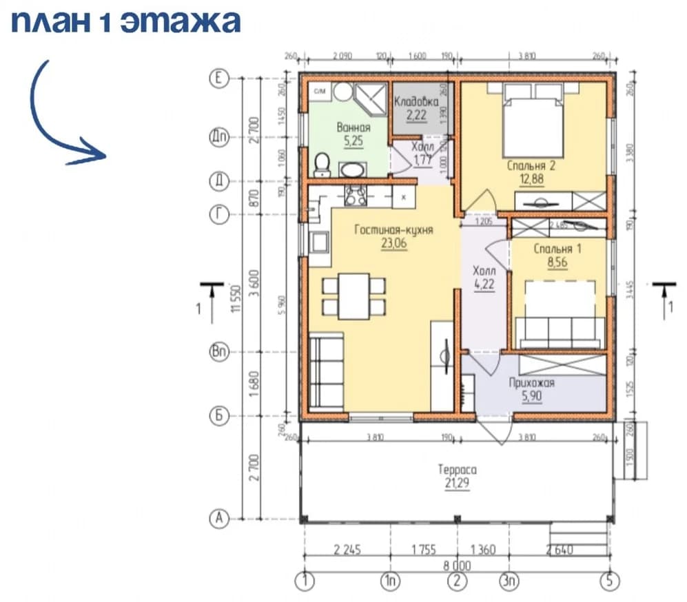 Планировка каркасного дома 85,15 м² с размерами помещений