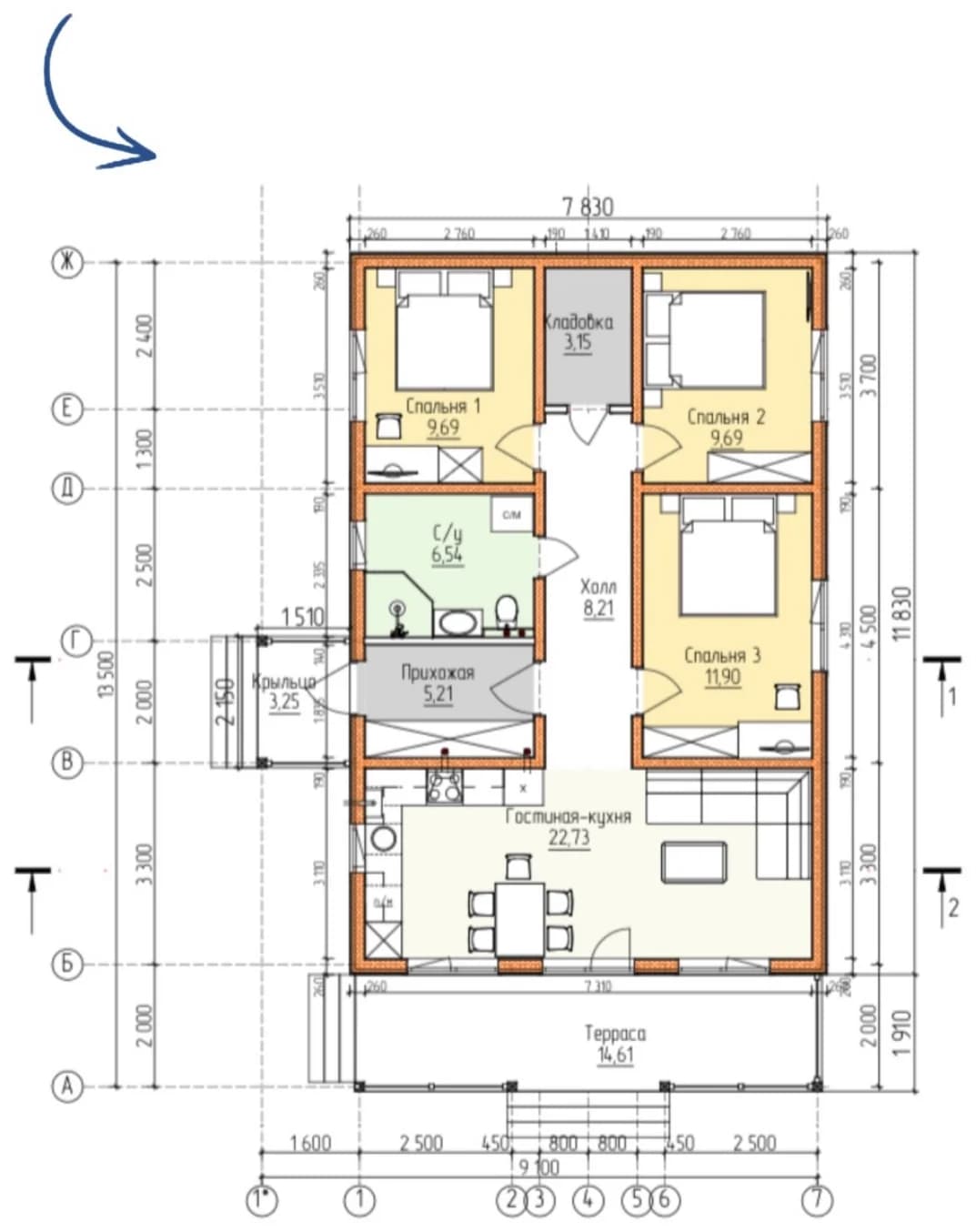 Планировка каркасного дома 94,98 м² с размерами помещений
