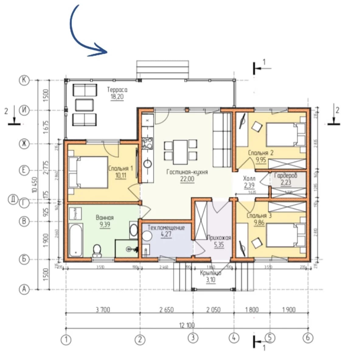 Планировка каркасного дома 96,85 м² с размерами помещений